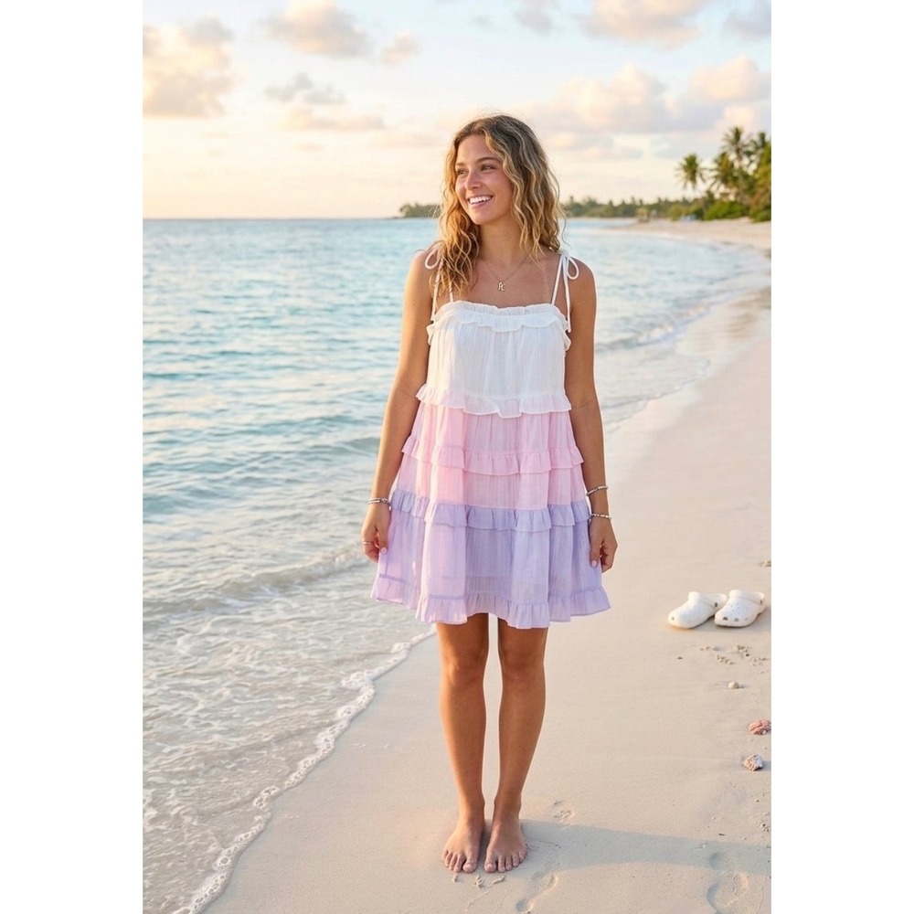 Peach Love California Pastel Colorblock Tiered Ruffle Mini Dress Large NWT